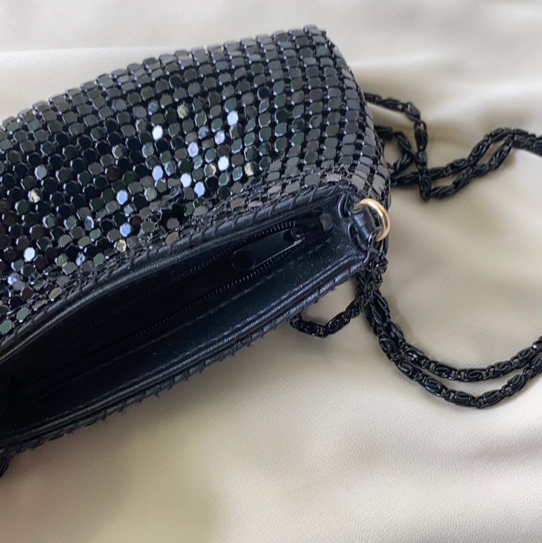 Antique Black Beaded and Needlepoint Evening Purse, Vintage