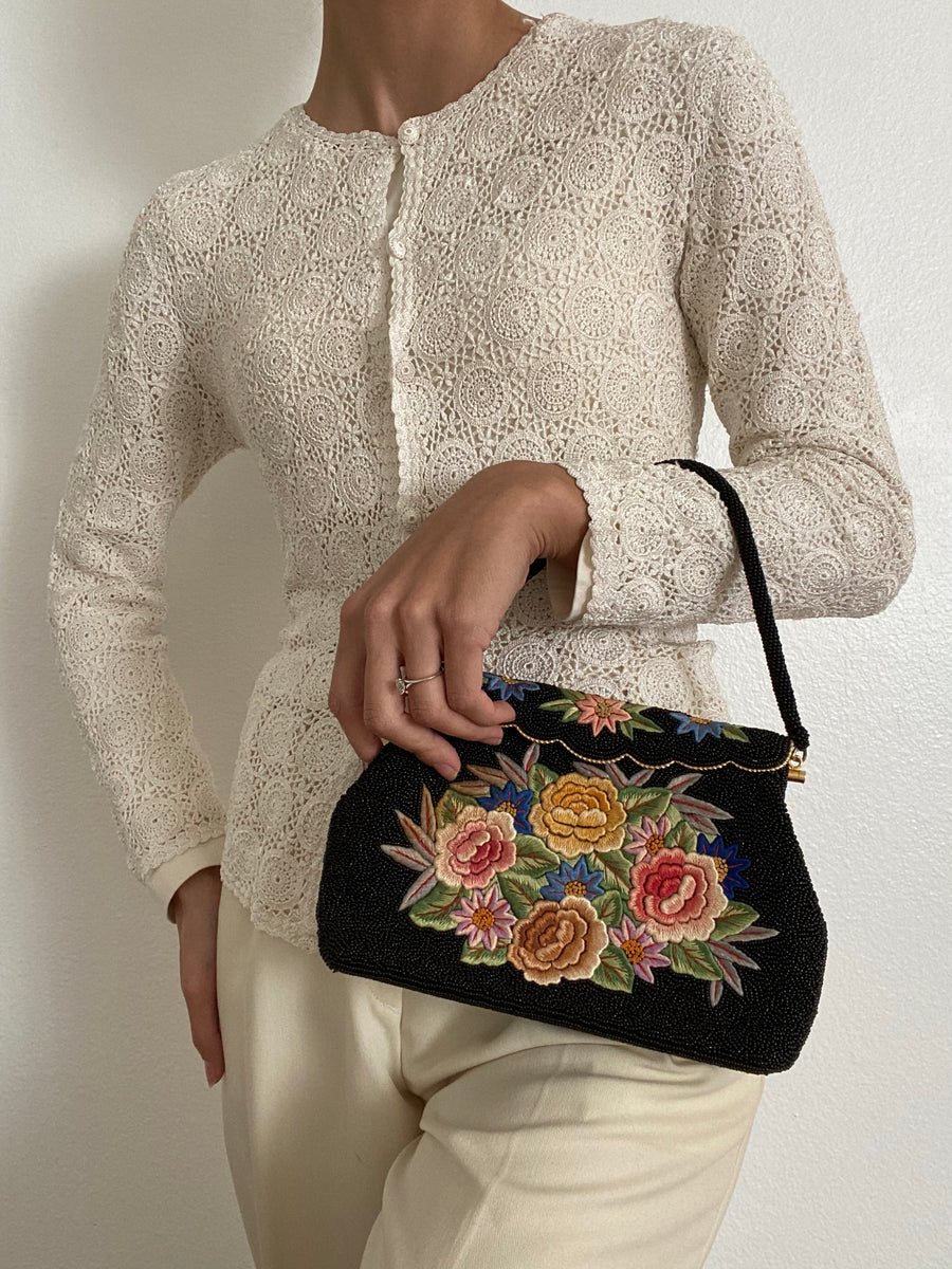 1950s Black and Gold Caviar Beaded Floral Evening Purse