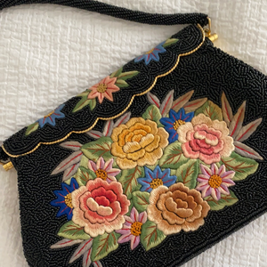 Antique Black Beaded and Needlepoint Evening Purse, Vintage 1950s Beaded Bag with Tapestry
