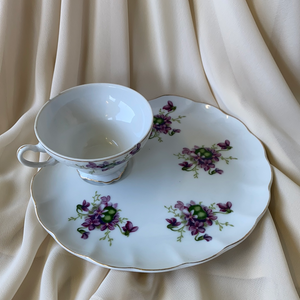 1950s Lefton Tea Cup Shell Snack Tray Hand Painted China Violet Floral Pattern