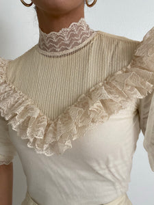 Antique High Neck Ivory Lace Ruffled Blouse