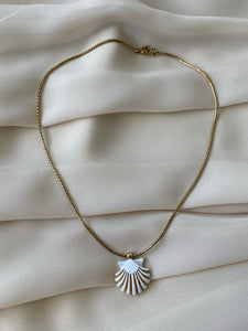 Monet Shell Pendant Necklace White Enamel on Gold Tone, 1970s Vintage