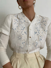 Load image into Gallery viewer, Antique Button Front Collared Top With Blue Floral Embroidery

