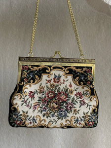 Vintage 50s Black Floral Petit Point Tapestry Purse Handbag Bag Red Embroidery