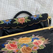 Load image into Gallery viewer, Antique Black Beaded and Needlepoint Evening Purse, Vintage 1950s Beaded Bag with Tapestry
