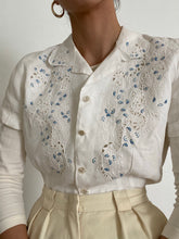 Load image into Gallery viewer, Antique Button Front Collared Top With Blue Floral Embroidery
