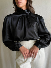Load image into Gallery viewer, Vintage 80s Black High Neck Puff Sleeve Satin Blouse
