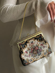 Vintage 50s Black Floral Petit Point Tapestry Purse Handbag Bag Red Embroidery