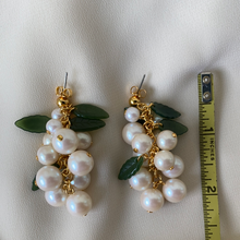 Load image into Gallery viewer, Vintage Faux Pearl Grape Cluster Long Earrings with Green Glass Leaes

