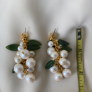 Vintage Faux Pearl Grape Cluster Long Earrings with Green Glass Leaes