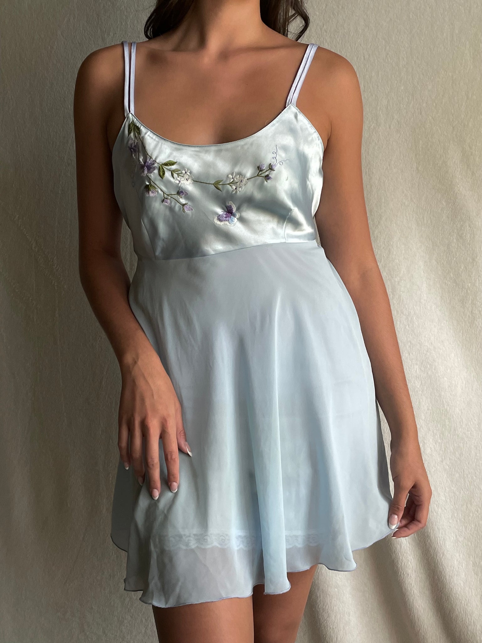 Vintage 80s Blue Satin Floral Embroidered Night Gown