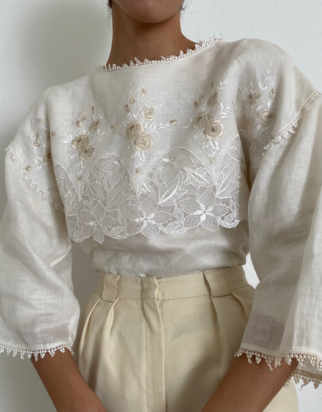 Antique Embroidered Linen White Blouse
