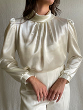 Load image into Gallery viewer, Vintage High Neck Ivory Satin Blouse
