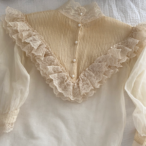 Antique High Neck Ivory Lace Ruffled Blouse