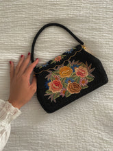 Load image into Gallery viewer, Antique Black Beaded and Needlepoint Evening Purse, Vintage 1950s Beaded Bag with Tapestry
