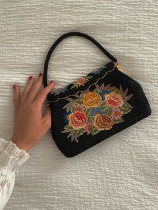 Antique Black Beaded and Needlepoint Evening Purse, Vintage 1950s Beaded Bag with Tapestry