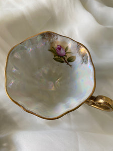 Vintage Sterling Iridescent Teacup and Saucer with Textured Pansy Flowers