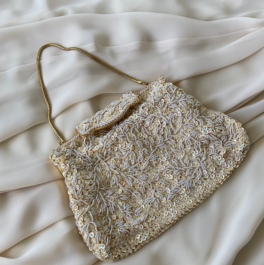 Vintage 1950s Beaded Purse With Gold Chain
