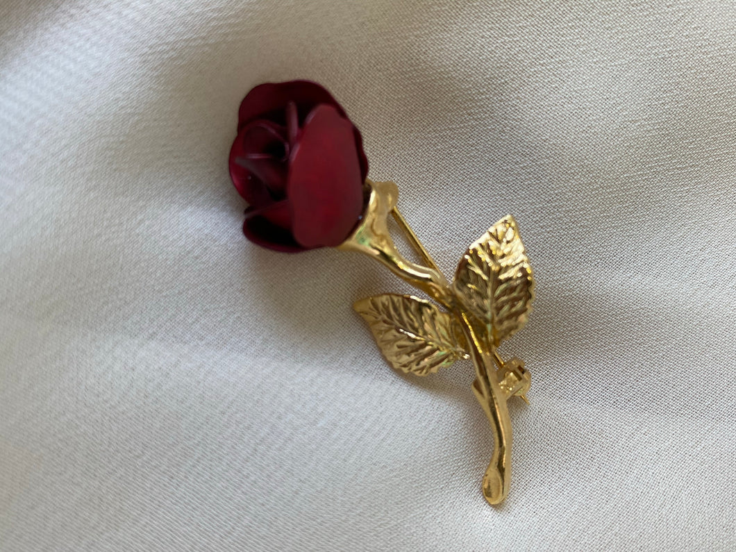 Vintage Gold Red Rose Brooch Pin