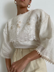 Antique Embroidered Linen White Blouse
