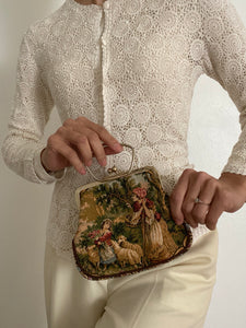 Vintage 1960 Walborg Black Tapestry Handbag With Ring Handle