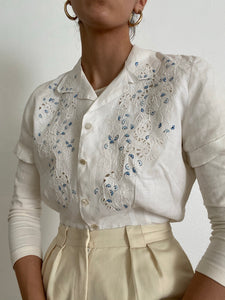 Antique Button Front Collared Top With Blue Floral Embroidery