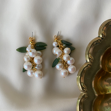 Load image into Gallery viewer, Vintage Faux Pearl Grape Cluster Long Earrings with Green Glass Leaes
