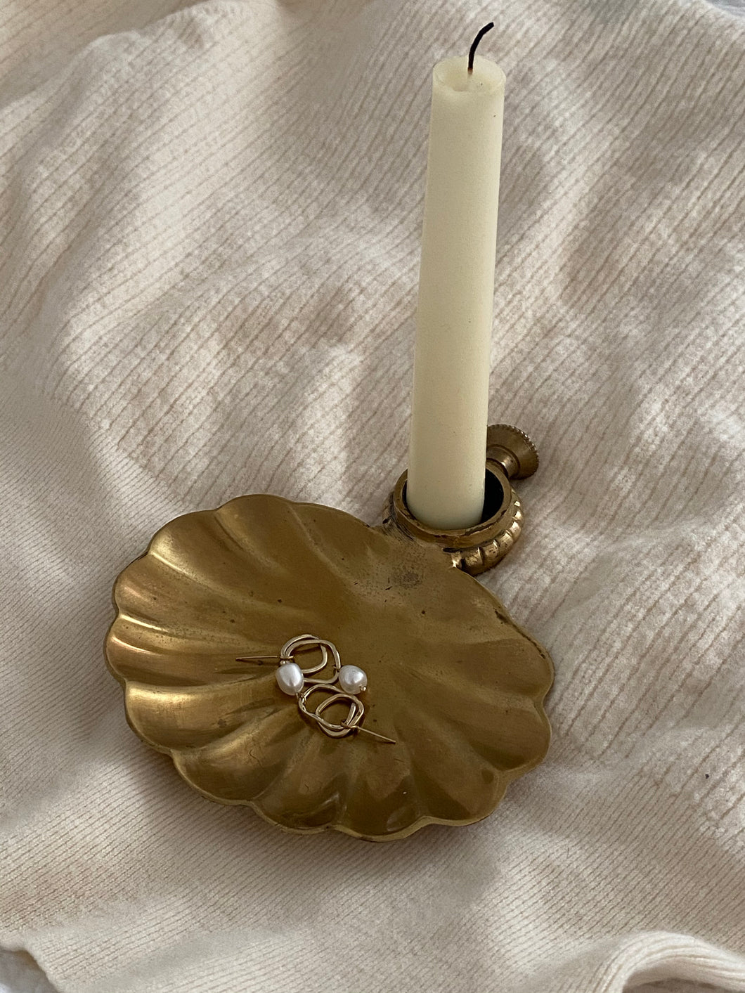 Gold Toned Candle Stick Holder and Shell Tray