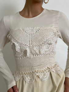 Rare Antique Crochet Adini White Indian Cotton Crochet Crop Top